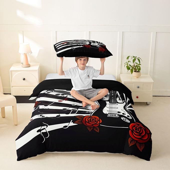 Erosebridal Guitar Toddler Comforter Cover Rock Roll Vintage Room Decor Bedding Set Abstract Striped Musical Notes Duvet Cover,Rose Floral Punk Music Bed Set