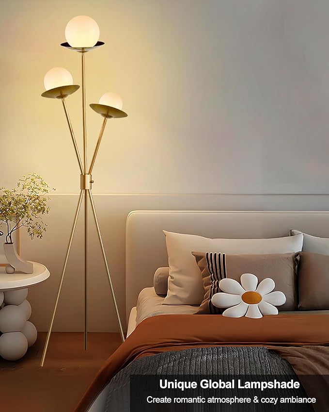 Lightdot Tripod Floor Lamp Dimmable Globe Floor Lamps with 3 LED Bulbs Included, 3000K Soft Warmwhite Mid Century Modern Standing Lamps Gold Tall Lamp for Living Room/Bedroom/Sofa Beside/Corner Decor