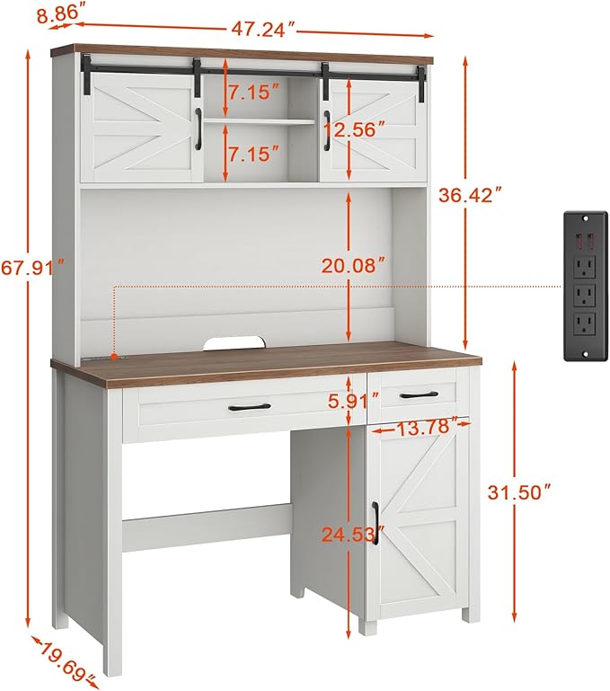 Vabches Farmhouse 47" Executive Desk, Computer Desk with 2 Drawers, Storage Cabinet and LED Light,Charging Hub, Home Office Desk with Hutch, Workstation for Home Office and Study(Unique White).