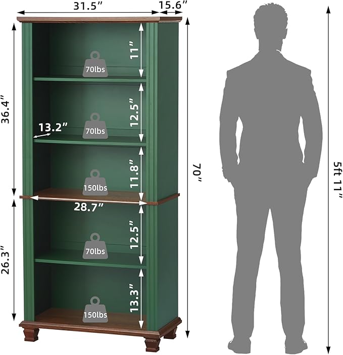 SAVOR LIFE 70" Tall Green Bookshelf,5 Tier Wooden Book Shelf with Adjustable Shelves & Wood Legs,Free Standing Farmhouse Bookcase with Open Display Storage,Vintage Bookshelves for Library,Classroom