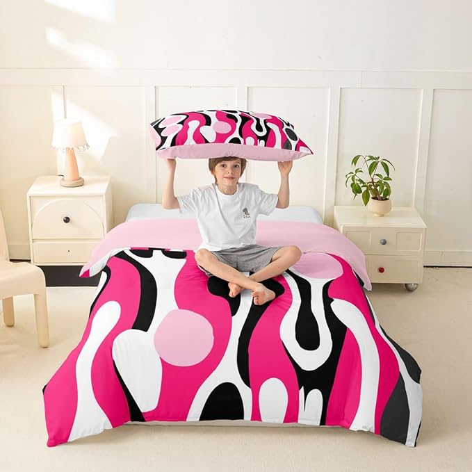 Erosebridal Organic Geometric Duvet Cover Set Modern Abstract Girl Toddler Bedding Set for Teen Boys Retro Mid Century Comforter Cover Modern Fluid Art Irregular Circles Bed Sets,Fuchsia Pink