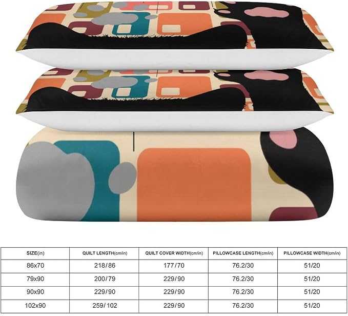 Mid Century Duvet Cover Sets Vintage Black Cat Modern Style Printed Lightweight Soft Quilt Cover Abstract Geometric Minimalist Soft Microfiber 3 Piece (1 Duvet Cover 79x90in + 2 Pillow Sham 20x30in)