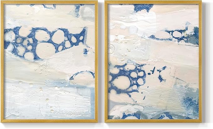Renditions Gallery Set of 2 Peel & Stick Framed Prints, Textured Abstract Wall Art, Beach Themed Bubble Design Wall Decor, Re-Stickable - Ready to Hang - 16"x20" - GOLD Frame LT588
