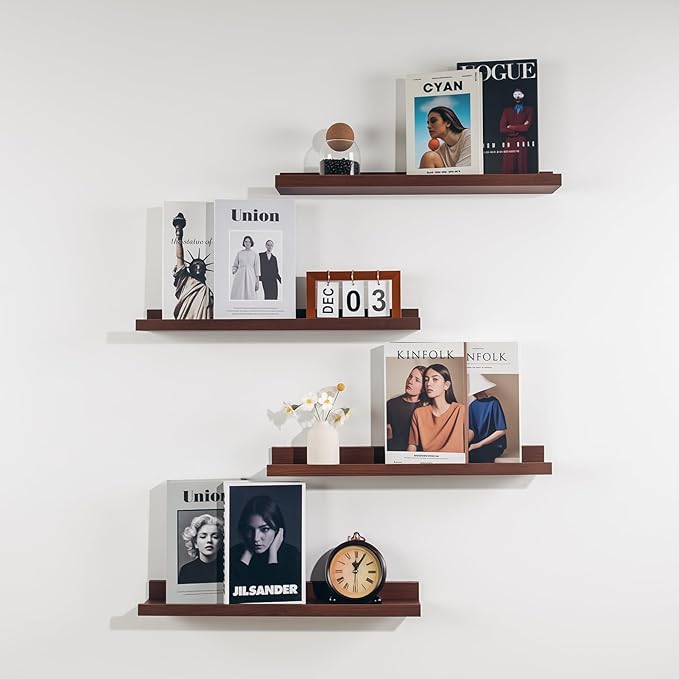 NEXHOME PRO Floating Shelves for Wall Set of 4,24 Inches Picture Ledge Shelf, Kids Bookshelf Wall Mounted for Living Room Bedroom Bathroom Kitchen, Easy Install,Walnut