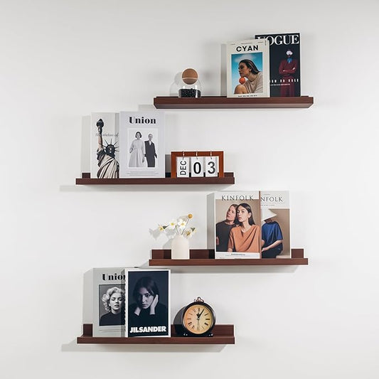 NEXHOME PRO Floating Shelves for Wall Set of 4,24 Inches Picture Ledge Shelf, Kids Bookshelf Wall Mounted for Living Room Bedroom Bathroom Kitchen, Easy Install,Walnut