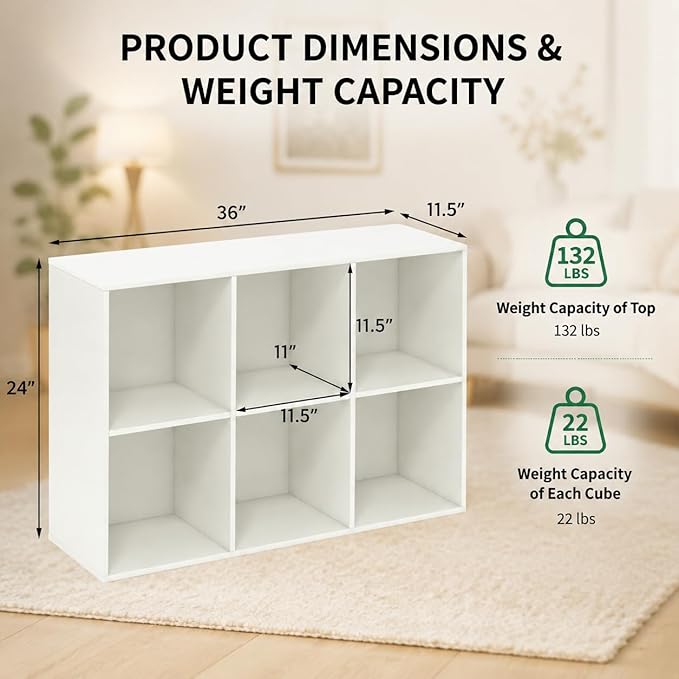 POWERSTONE 6 Cube Storage Organizer, Open Cube Bookshelf with Back Panels, Modern Display Cubby Bookcase for Bedroom Living Room Home Office, White