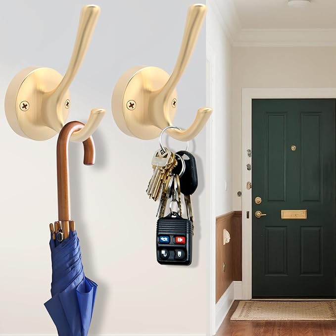 Gold Wall Hooks, 6 Pack Coat Robe Hook Heavy Duty Metal Double Bath Hook Wall Mounted, Hand Towel Hooks for Cubicle Bathroom Kitchen Closet Garage