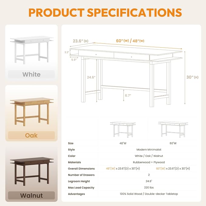 Double-Top Solid Wood Desk - 60-Inch Mid-Century Modern Writing Table with Drawers for Home Office, Study, and Creation, Rubberwood Computer Desk in White