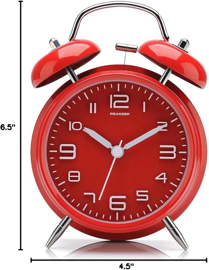Peakeep 4.5 Inches Twin Bell Loud Alarm Clock for Heavy Sleerpers, Backlight, Battery Operated Old Fashioned Alarm Clock for Bedrooms (3D-Dial, Red)