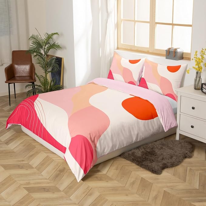 Erosebridal Mid Century Geometric Comforter Cover King for Kids Teens Adults,Red Circles Wave Lines Duvet Cover,Minimalist Style Bedding Set,Modern Fashion Bed Set with 2 Pillowcases Bedroom Decor