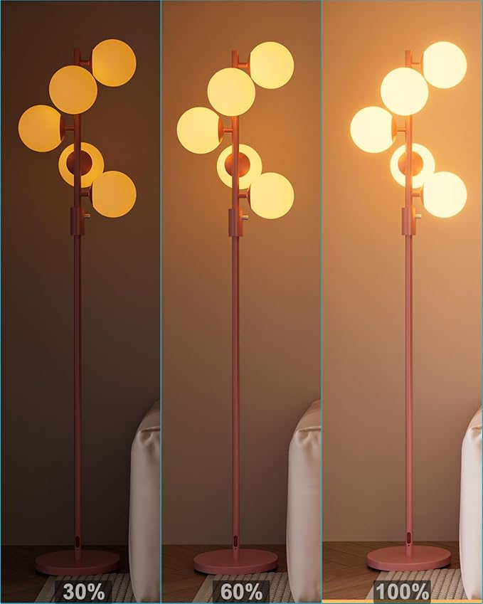 Lightdot Dimmable (Brightness Adjustable) Globe Floor Lamp, Retro Pink Pole Standing Lamps with 5PCS Bulbs Included, Mid Century Modern Floor Lamp for Living Room/Bedroom/Sofa Beside/Corner Decor