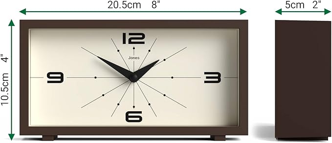 JONES CLOCKS® 'Odeon' Desk Clock | Modern Rectangular Design in Brown, Stylish Retro Look for Shelf, Table, Mantel or Bedside