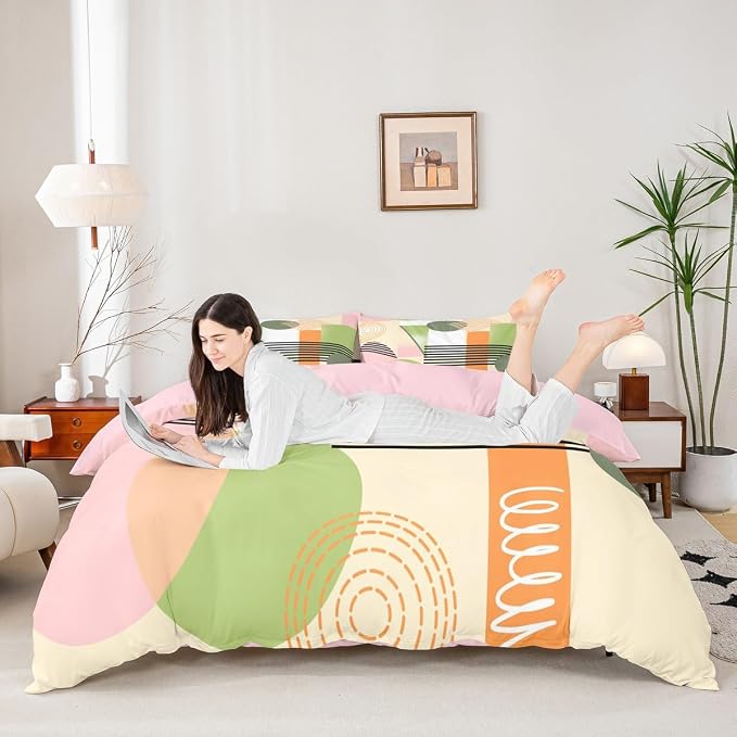 Erosebridal Pink Abstract Twin Comforter Cover for Kids Teens Girls | Colorful Geometric Duvet Cover Minimalist Circle Modern Bed Set Boho Contemporary Aesthetic Bedding Set