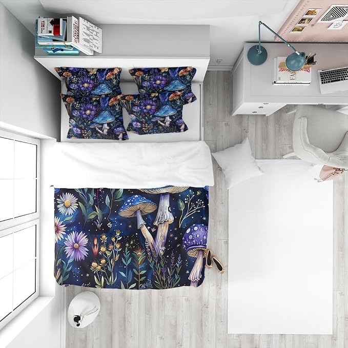 Whimsical Mushroom Duvet Covers Twin Size Dark Botanical Florals Comforter Covers Farmhouse Boho Galaxy Moon Wildflower Botanical Plant Aesthetic Blue Mushroom Comforter Quilt Cover 68"x88"