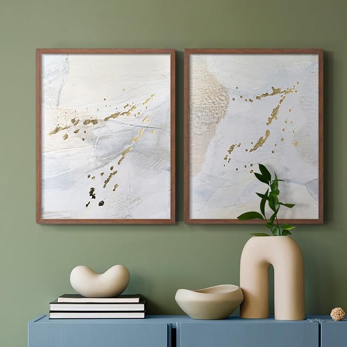 Renditions Gallery Set of 2 Peel & Stick Framed Prints, Modern Abstract Wall Art, Gold Sprinkle Oil Painting Wall Decor, Re-Stickable - Ready to Hang - 8"x10" - Walnut Frame LT588