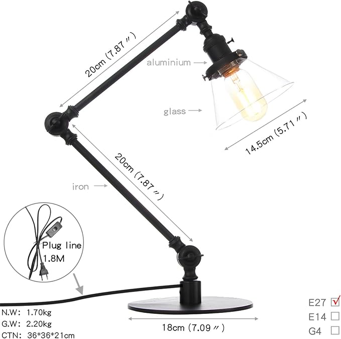Table Lamp, Adjustable Swing Arm Metal Desk Lamp with Clear Glass Shade, Vintage E26 Reading Light for Bedroom or Bedside