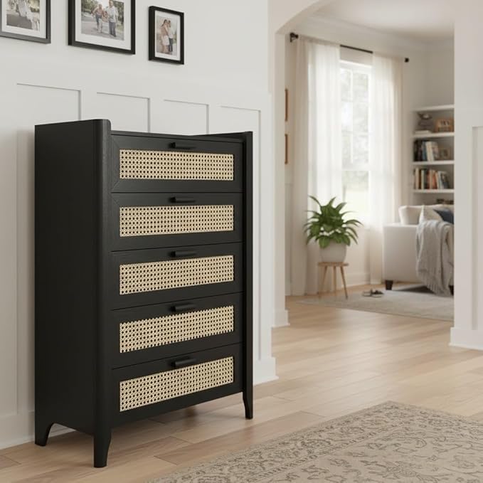 ELISA HOME Rattan-Inspired 5 Drawers Dresser for Bedroom, 47.2" Tall Modern Chest of Drawers, Wood Drawer Organizer for Clothes, Entryway, Hallway, Nursery or Living Room, Black