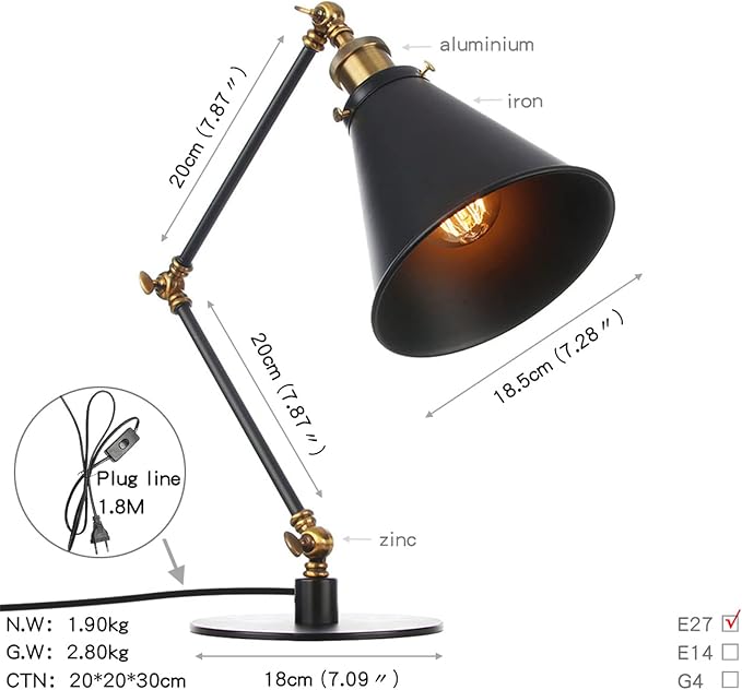 Makeup Vintage Desk Lamp, Industrial Metal Task Table Lamp with Adjustable Swing Arm, Bedroom Bedside Night Light Cafe Antique Reading Lighting,Black+Gold