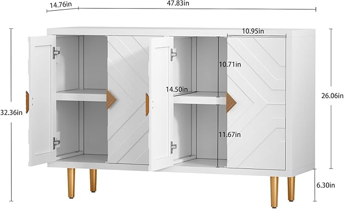 HLR 48'' Buffet Cabinet with 4 Doors and Shelves, Modern Credenza Storage Cabinet with Embossed Pattern Doors, Storage Cabinet Sideboard for Living Room, Kitchen, Dining Room, Hallway, White