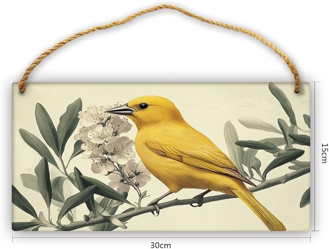 Artistic Retro Yellow Bird on Floral branches Wooden Wall Art, Botanical Home Decors for Vintage Lovers, 12x6 Inch Wood Sign to Add Charm to Your Study