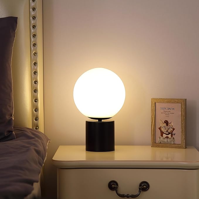 11 Inch Modern Mid Century Black Globe Table Lamp,Round Bedside Nightstand Lamp with White Glass Shade Metal Base Desk Lamp for Bedroom Living Room End Table,Bulb Included