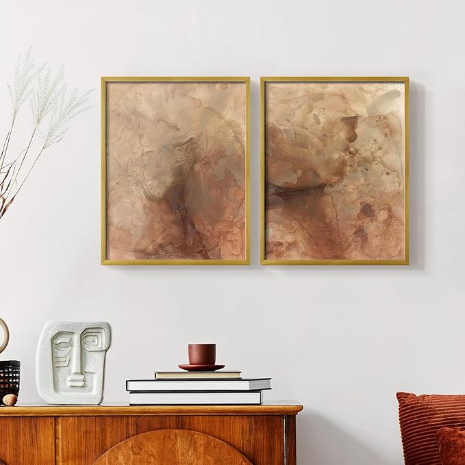 Renditions Gallery Set of 2 Peel & Stick Framed Prints, Abstract Wall Art, Brown Textured Marble Design Re-Stickable - Ready to Hang - 16"x20" - GOLD Frame LT588