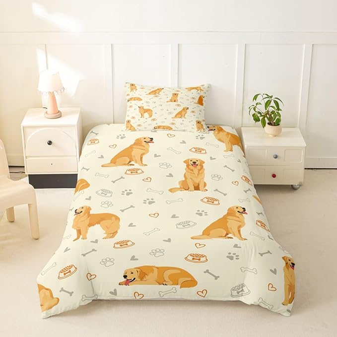 Erosebridal Cute Golden Retriever Toddler Bedding Set Lovely Dog Duvet Cover Pet Dog Lover Comforter Cover for Kids Girls Boys Adults Paw Print Aesthetic Bed Set