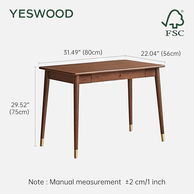 YESWOOD Solid Wood Desk, Mid Century Modern Home Office, Computer Desk with Drawers for Study Bedroom Living Room 31.49" W