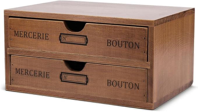 Flexzion Wood Desk Organizer with 2 Drawers, Vintage Desktop Drawers Cabinet for Office Supplies, Home Workspace, Countertop, Vanity, Craft Tools & Mail, No Assembly Required