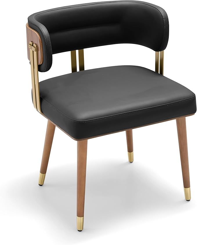 Modern Upholstered Leather Dining Chairs with High-Resilience Foam Cushion, Walnut Wood Veneer&Gold Metal Legs, 22Lx20.5Wx28.3H Inches, Anti-Slip Kitchen Chairs for Dining Room,Black