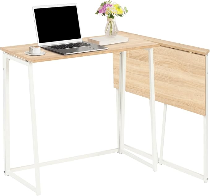 FurnitureR Folding Desk, 31.5 Inches Foldable Simple Laptop Table, Space Saving Computer Study Desk Compact Writing Workstation for Small Space, Light Oak