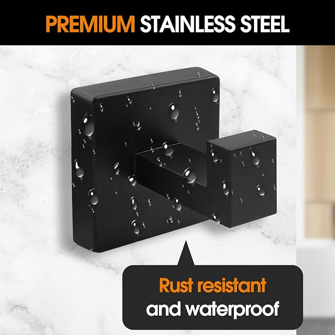 4 Pack Matte Black Towel Hooks for Bathroom, Heavy Duty 33lb Stainless Steel Wall Hooks, Modern Square Robe Hook Screw Mounted for Hanging Coats, Hats, Bags, Rustproof Hardware