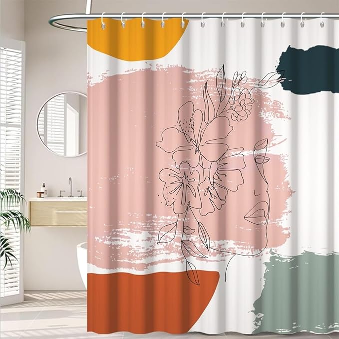 Boho Abstract Line Art Shower Curtain Modern Minimalist Bathroom Decor Floral Woman Face Abstract Color Block Chic Aesthetic Bathtub Curtains Washable Waterproof Polyester Fabric with Hooks 69x70 Inch