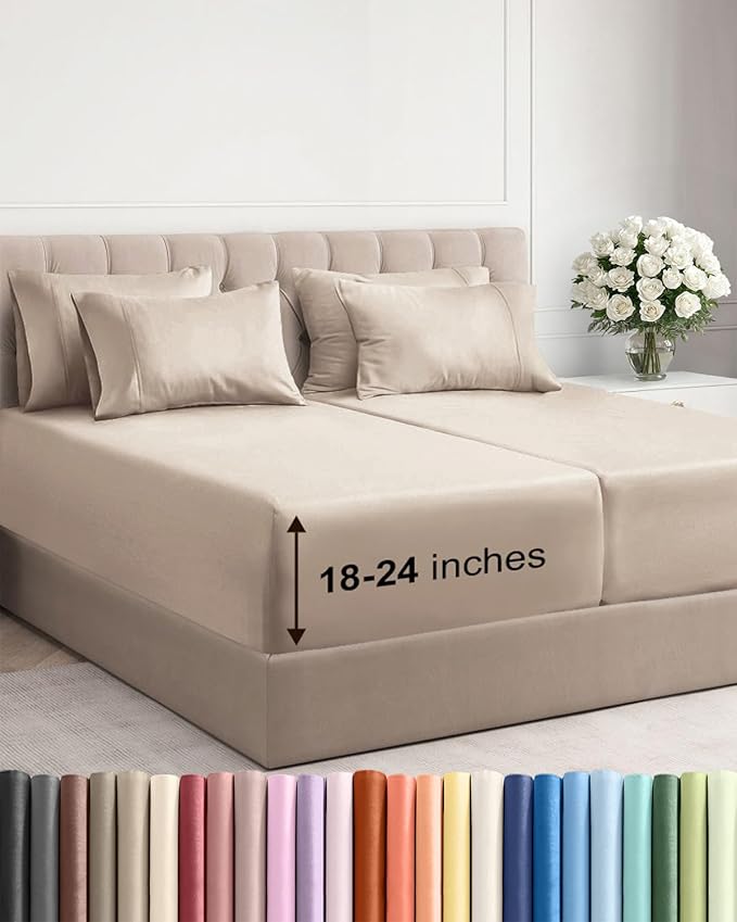 Extra Deep Split King Sheet Set - 7 Piece Breathable and Cooling Sheets - Hotel Luxury Bedding for Women, Men, Kids & Teens - Easy Secure Fit - Soft, Wrinkle Free & Comfy - Extra Deep Pockets - Wheat