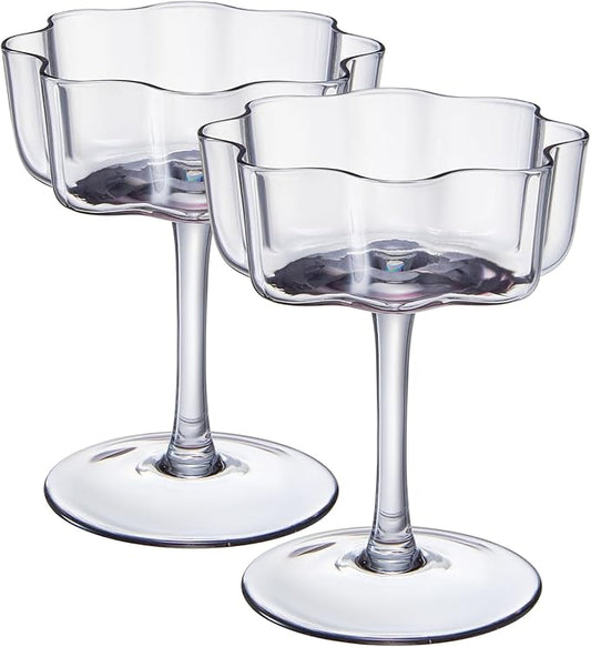 Khen Flower Vintage Wavy Glass Coupes Martini, Champagne & Cocktail Coupes - Set of 2-7oz Colorful Cocktail Glasses & Champagne, Prosecco, Mimosa Glassware Copyright Design - Gray