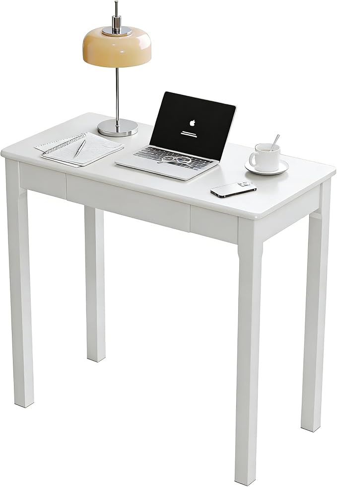 Solid Wooden Desk with Drawers - 32 x 16 Inch Narrow Desks for Small Spaces, Rubberwood Simple Study Table, Small Writing Desk for Bedroom - Modern White Desks