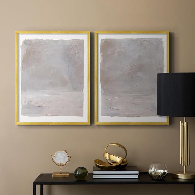 Renditions Gallery Set of 2 Peel & Stick Framed Prints, Watercolor Abstract Wall Art, Neutral Tones Textured Brushstrokes Wall Decor, Re-Stickable - Ready to Hang - 8"x10" - GOLD Frame LT588