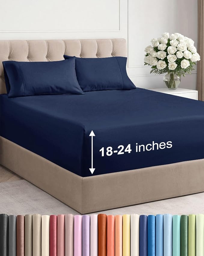 Extra Deep Twin Sheet Set - 4 Piece Breathable and Cooling Sheets - Hotel Luxury Bedding for Women, Men, Kids & Teens - Easy Secure Fit - Soft, Wrinkle Free and Comfy - Extra Deep Pockets - Navy Blue