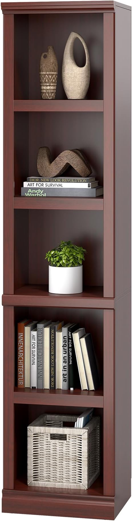 blini 5-Shelf Narrow Bookcase Wooden Tall Bookshelves Floor Standing Display Storage Shelves Mahogany Bookcase for Home Office, Living Room, Bed Room