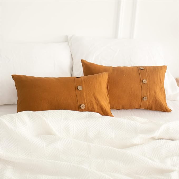 Simple&Opulence 100% Linen Lumbar Pillow Cover 12 x 20 Inch Set of 2 Rectangular Decorative Pillow Cover with Vintage Triple Coconut Button for Couch Sofa Bed Living Room Office Décor - Rust