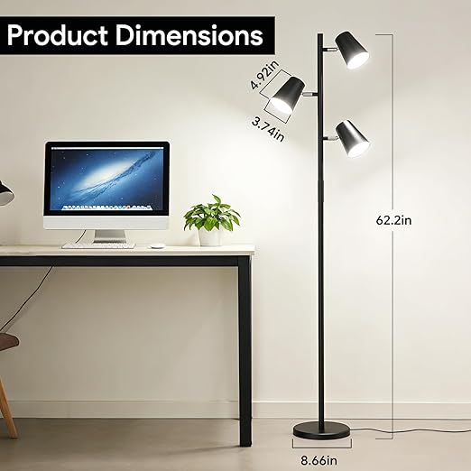 Energetic Dimmable Floor Lamp, Modern LED Tree Lamp, 5 Color Temperature, Standing Light with 3 Adjustable Head for Bedroom, Living Room, Office, ETL, 120V, Black, 1 Pack