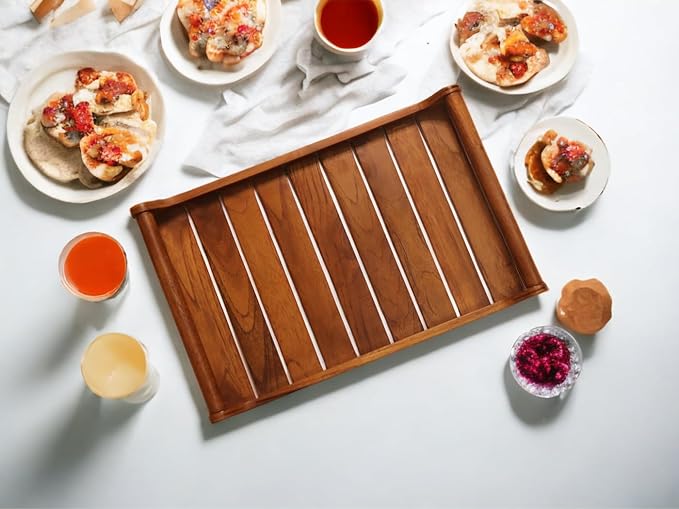 Vesta Homes Extra Large Teak Wood Rectangular Serving Tray for Home/Kitchen/Restaurant/Office Organizer/Dining Table|Premium Wooden Trays|45.5X30.5X5.7 Cm|Handmade in India