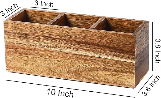Wood Pens Pencils Holder Cup for Desk Remote Control Holder, Caddy, Organizer, Desktop Storage with 3 Compartments, Makeup Brush Holder, Silverware Caddy for Party, Office Supplies (Acacia)