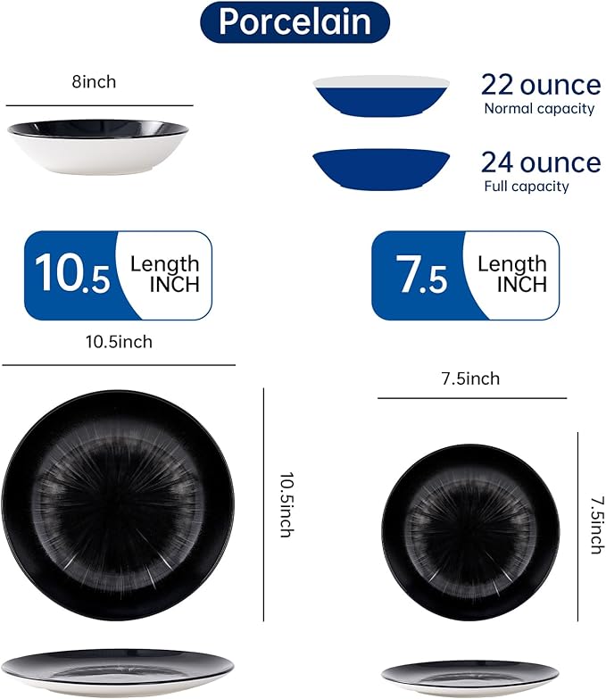 Bestone 12 Piece Round Kitchen Dinnerware Sets,Plates and Bowls sets,Dishes, Plates, Bowls, Dish Set，Plates and Bowls,Service for 4, Chip Resistant Porcelain ，Starburst Turquoise Black