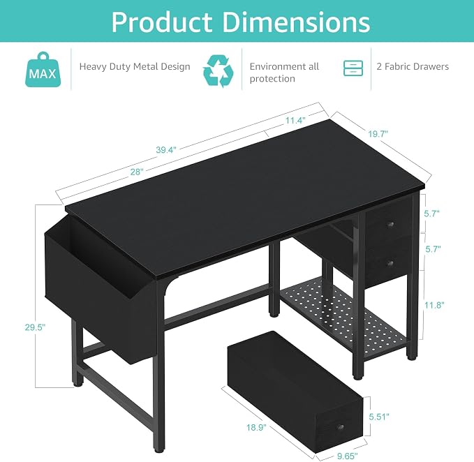 Lufeiya Computer Desk with Fabric Drawers, 40 Inch Reversible Gaming Desk for Small Space Home Office, Modern Simple Study Writing Table PC Desks for Bedroom, Black