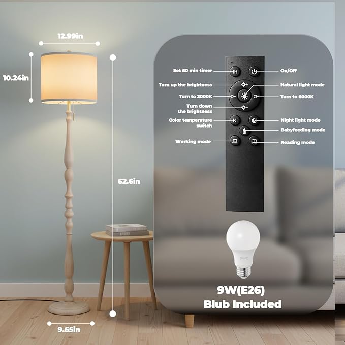 Wood Floor Lamp for Living Room,Farmhouse Standing Lamp with Remote & Dimmable 9W Bulb, Mid Century Standing Tall Lamps for Bedroom Corner Floor Lamps for Nursery, Office, Reading (Antique White)