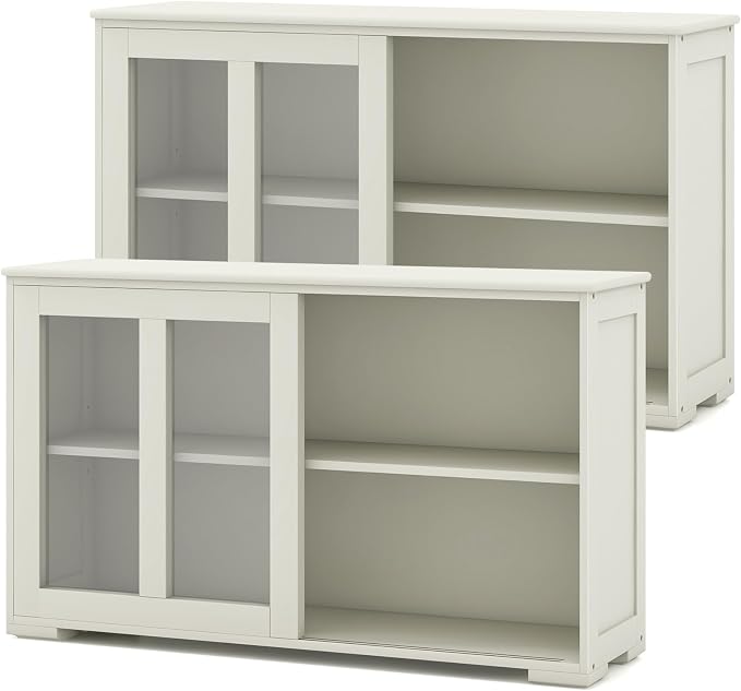 Byroce Sideboard Buffet Cabinet, Stackable Storage Coffee Bar Cabinet w/Adjustable Shelf & Glass Sliding Doors, Wood Cupboard Credenza Console Table for Kitchen Dining Living Room (2, Antique White)