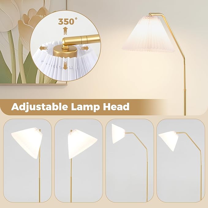 Tangkula Arc Floor Lamp, Modern 66”H Tall Standing Lamp with Adjustable Lamp Head, Pleated Lampshade & Foot Switch, Tall Reading Lamp for Living Room, Bedroom & Office (White, 66" H)