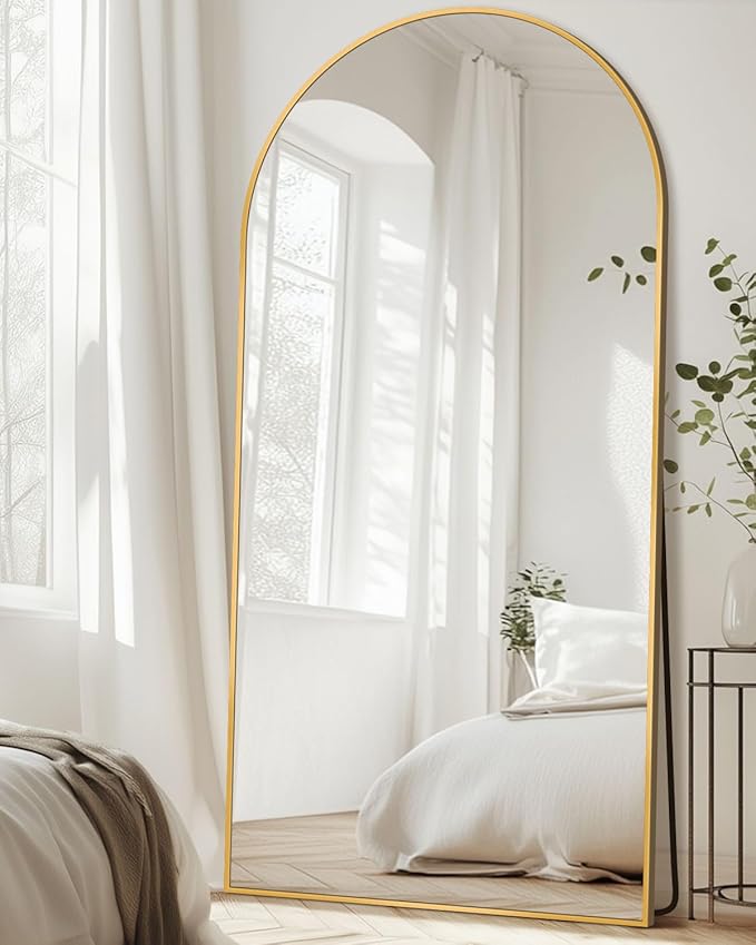 Full Length Mirror with Stand, 78"x38" Arched Full Body Mirror, Large Stand Up Mirrors, Aluminum Frame Floor Standing Mirrors, Freestanding Hanging Leaning Mounted for Bedroom Living Room, Gold