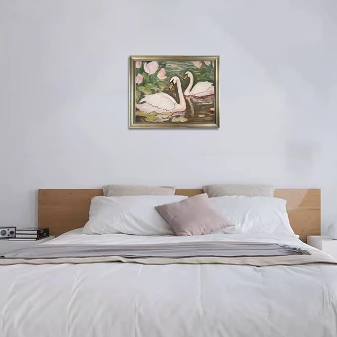 Vintage Framed Swan Wall Art Pink and Green Girls Room Decor Girly Office Canvas Print Painting Home Artwork